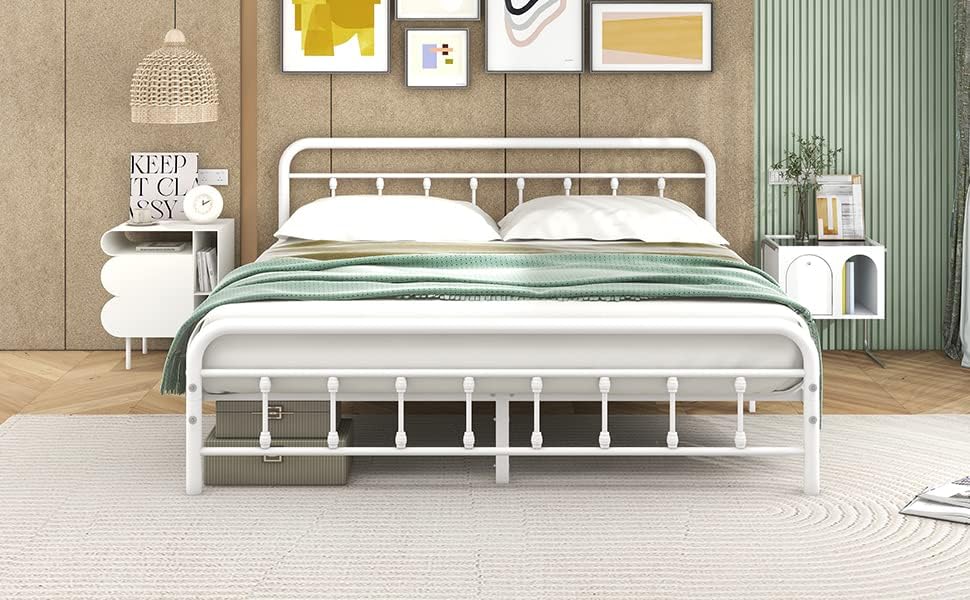 Miniatura 6 de Base de cama tamaño King con cabecero, marco de cama de metal tamaño King, no necesita somier, resistente, base de colchón de soporte de listones de