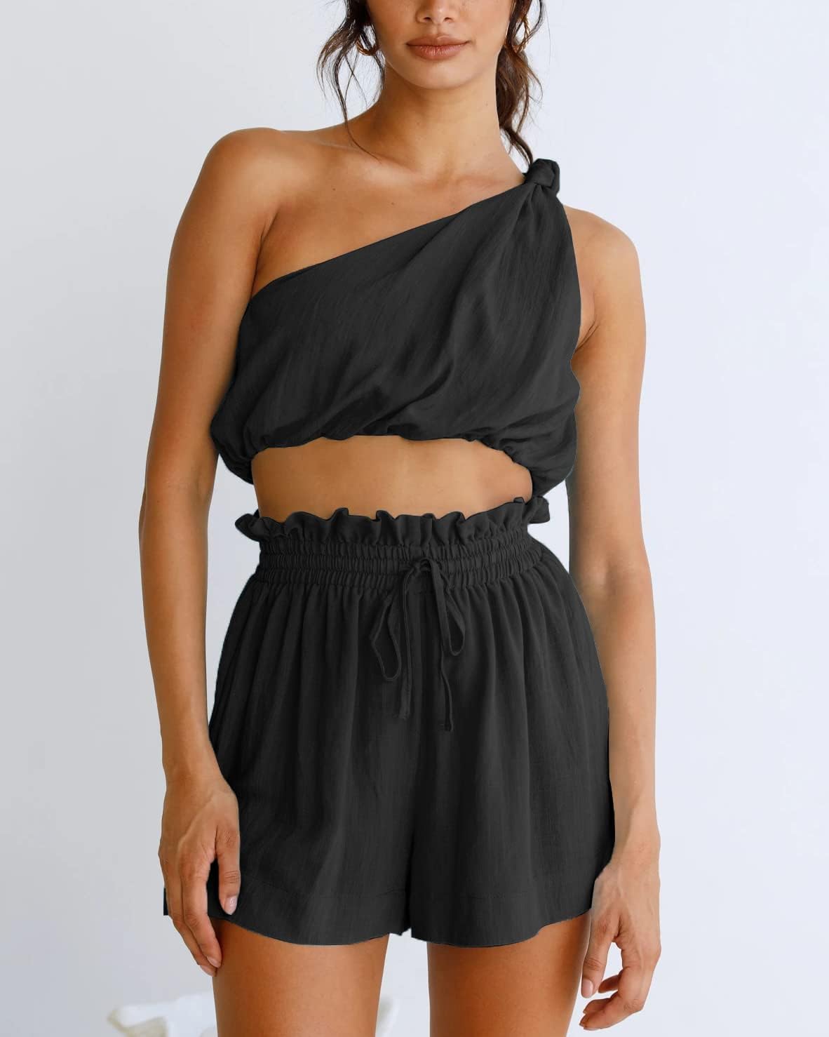 Imily Bela Womens 2 Piece Outfits Linen Matching Sets Two Piece Crop Tops and Paper Bag Waist Shorts Sets 2025 Summer Outfits - Image 3