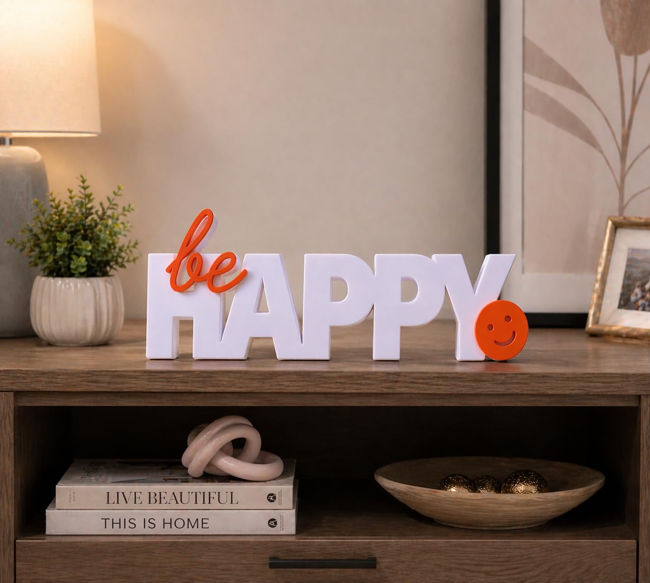 Be Happy 3D Printed Showpiece for Home Decor | Motivational Tabletop Desk Decor | Positive Vibes Decorative Gift Item for Living Room, Office Desk, Shelf Decoration | White & Orange-image-49