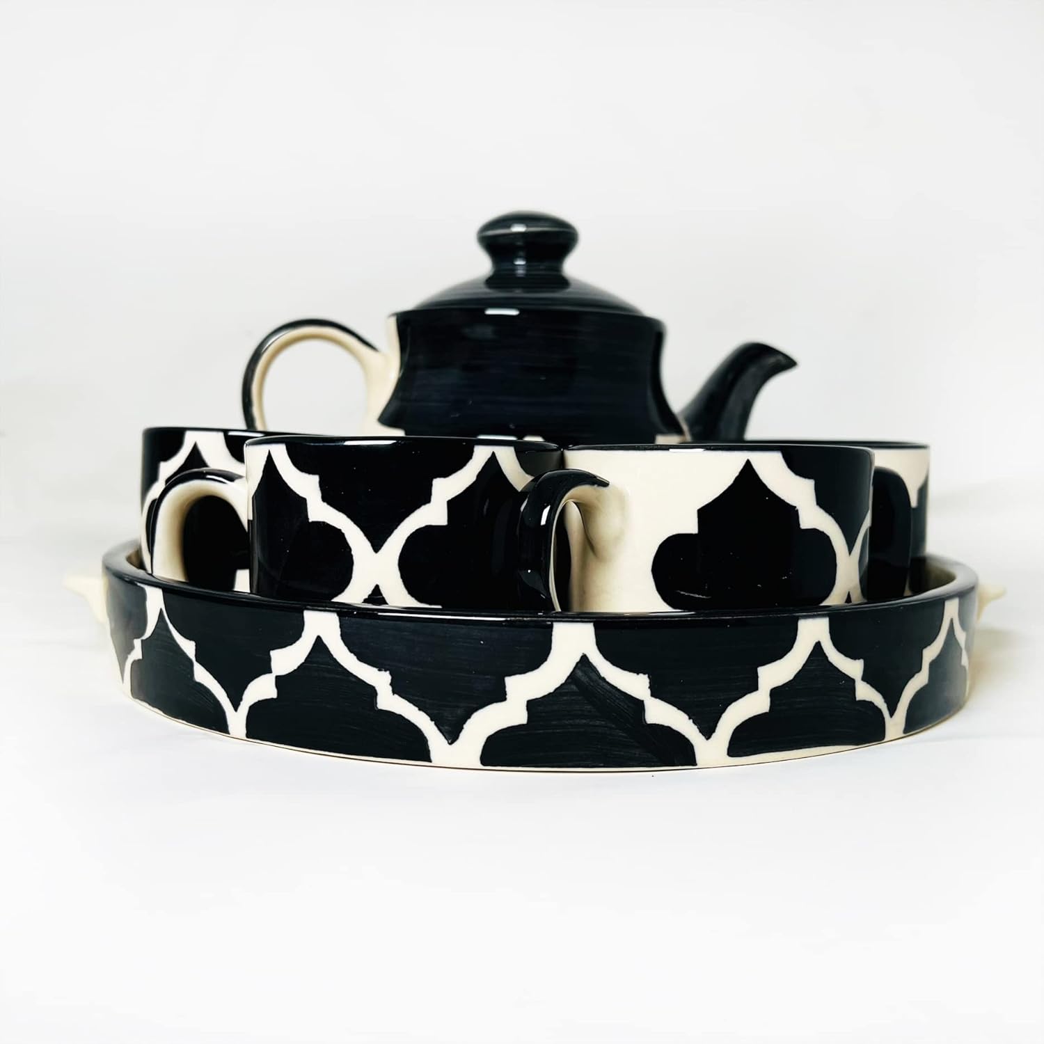 THEARTISANEMPORIUM Black Moroccan Tea Set with Kettle, Hand Painted