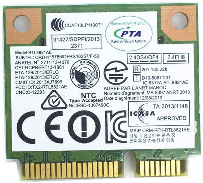 Back view of the Realtek RTL8821AE WiFi Bluetooth Combo Card, showing regulatory compliance markings.