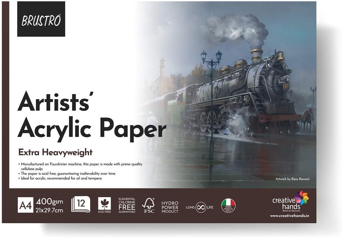 BRUSTRO Artist's Acrylic Glued Paper Pad 400 GSM, A4-12 Sheets | Textured Surface, Acid Free, Ideal for Acrylics, Oil, Professional, Fine Art Students.