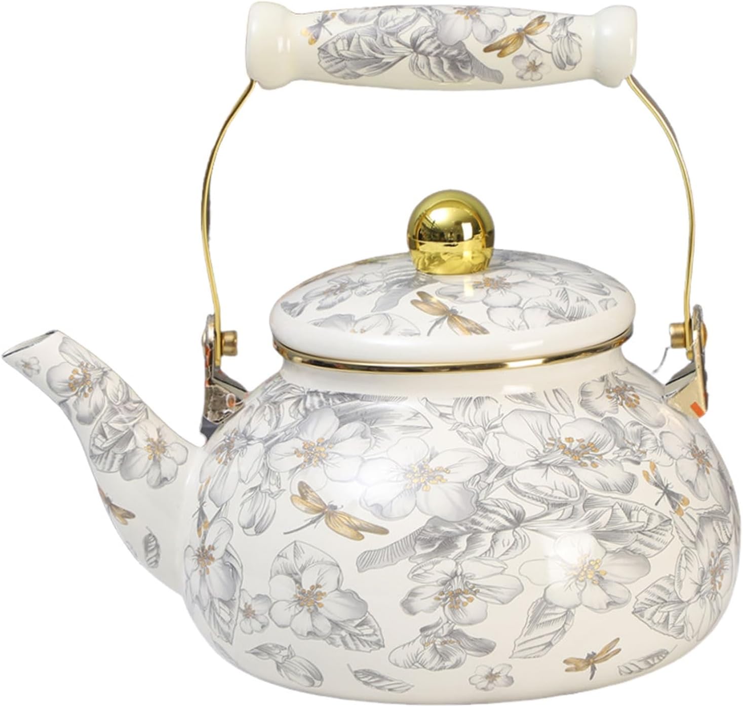 2.6 Quarts Enamel Floral Teapot for Gas Stove, Vintage Tea Pot Stovetop with Anti-Hot Handle Kettle for Boiling Water Coffee or Milk