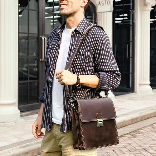 Miniatura 2 de Contacts Bolso bandolera pequeño de cuero de grano completo para hombres con candado, maletín de viaje, bandolera, Cerradura marrón