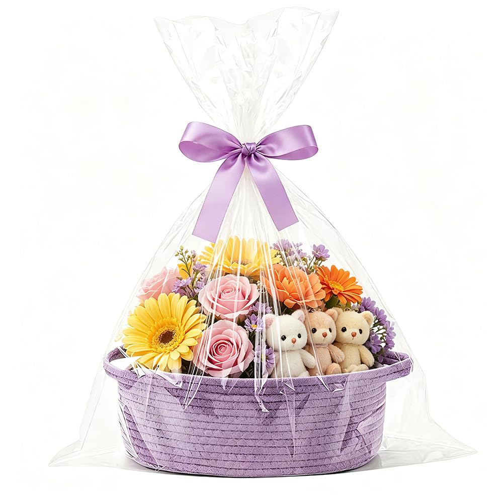 Gift Basket Empty, Hamper Kit, Hamper Baskets for Gifts Empty with Handles, Woven Gift Basket Hamper Kit with Gift Bags and Ribbons for Baby Shower Wedding Birthday Housewarming, 30×20×12cm, Purple