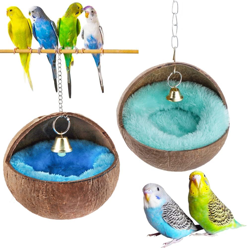 VTurboWay 2 Pcs Natural Coconut Shell Bird Nest House Bed Breeding Nesting Anti-Pecking Bite with Warm Pad and Bell for Bird Parrot Budgie Parakeet Cockatiel Conure Lovebird Canary Finch