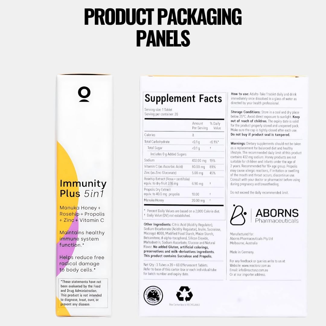 5 in 1 Immunity Plus – Immune Support & Antioxidant Supplement – Vitamin C, Zinc, Manuka Honey, Rosehip & Propolis – Natural Zesty Orange Flavor – 60 Day Supply Effervescent Tablets - Image 10