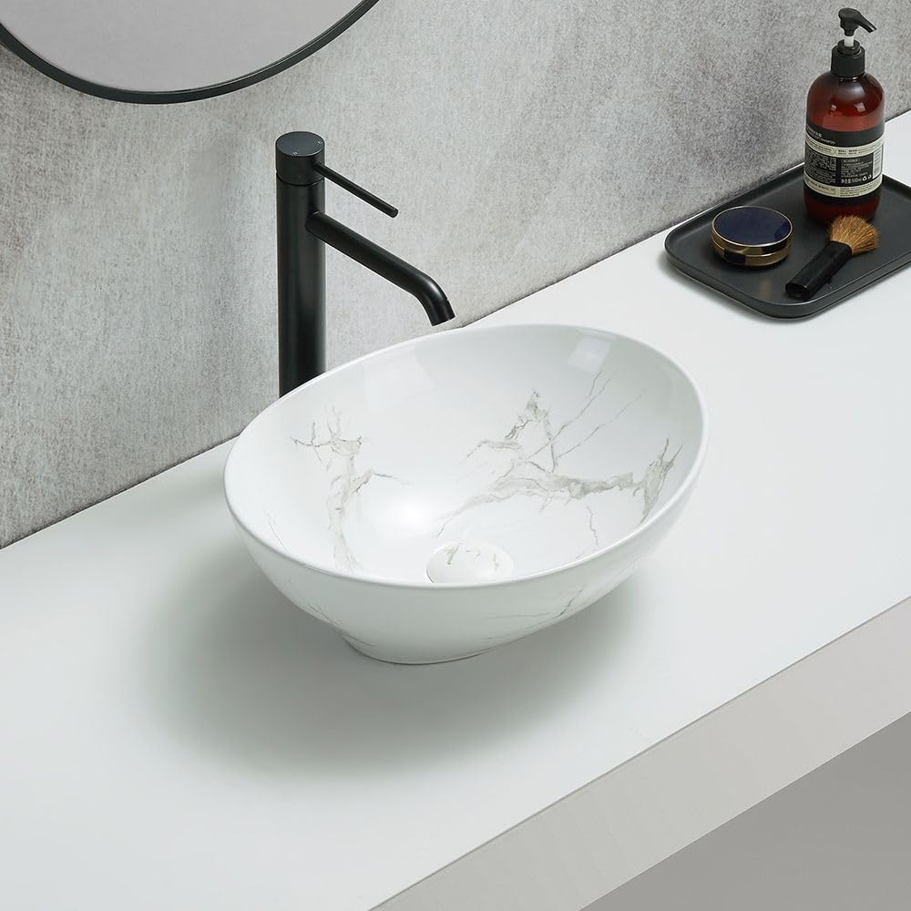 Milano White/Light Gray Altham Marble Effect Oval Countertop Bathroom Basin Sink - 405Mm X 330Mm