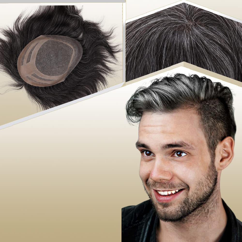 Men's Hairpiece Human Hair Replacement Systems Toupee for Men Thin Skin with Mono Lace Top and the Durable PU Back 10x8inch Medium Density Free Style 1B Mixed 20% White Hair