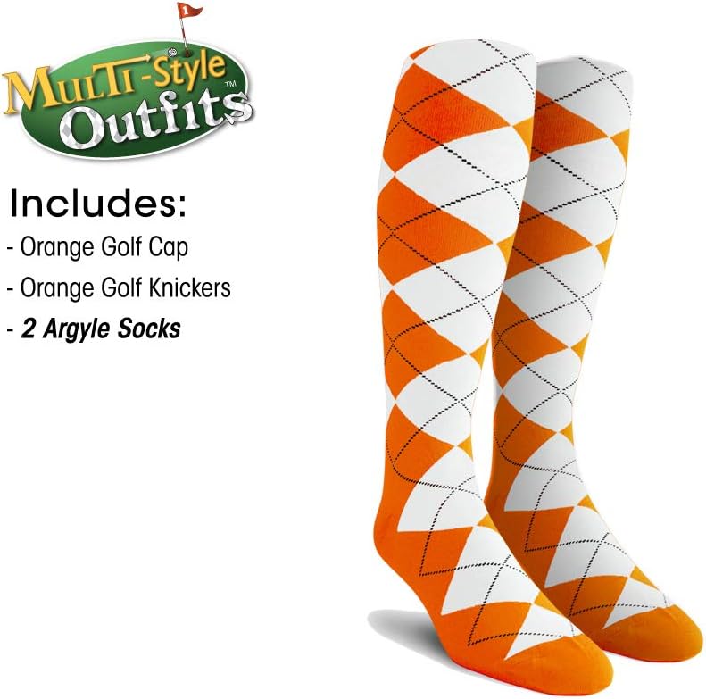 Mens Multi Style Orange Golf Outfit - Matching Knickers and Cap - Two Over-The-Calf Golf Socks