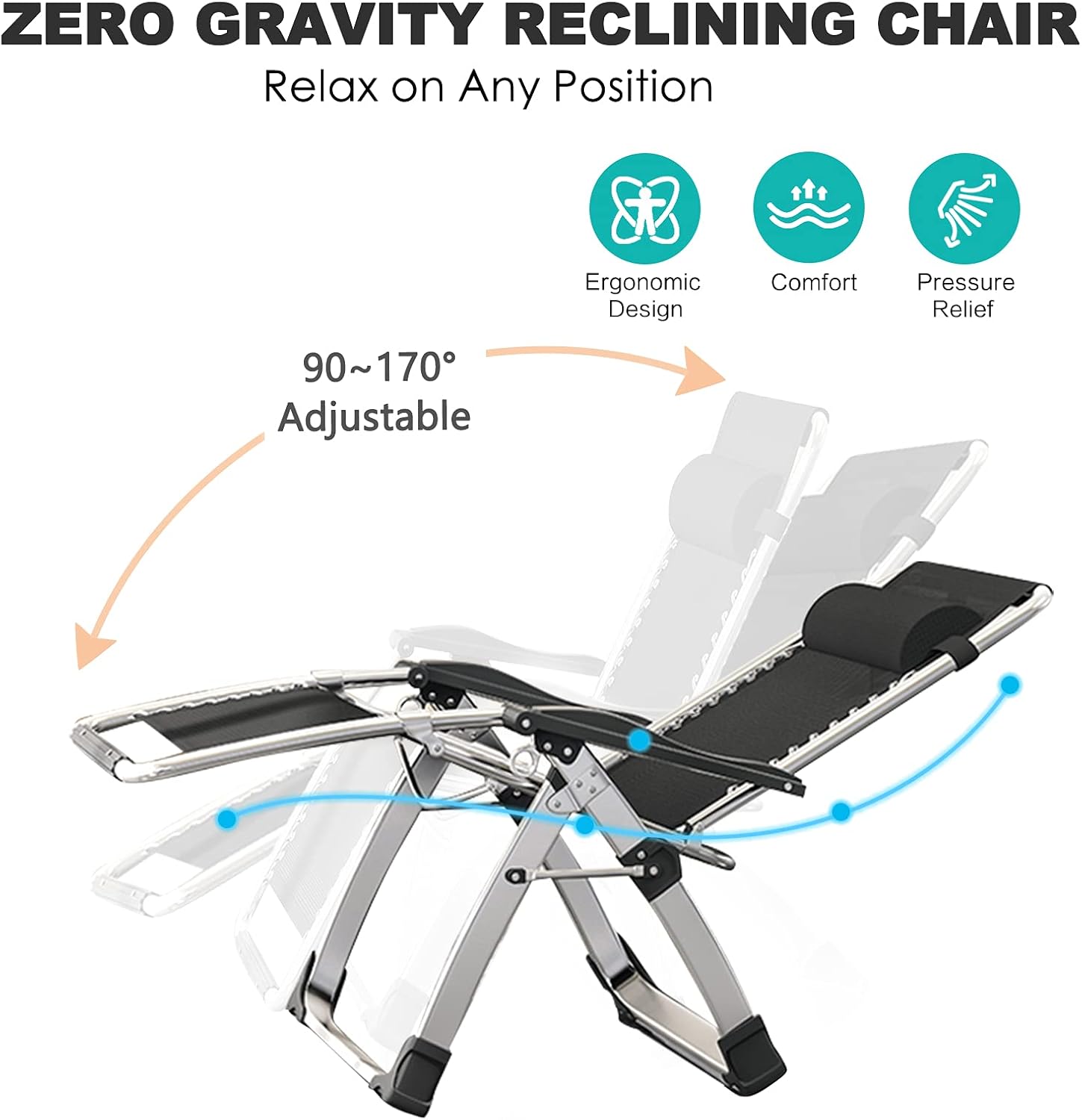 SLSY Zero Gravity Chair, Lounge Chair with Removable Pad & Cup Holder for Indoor and Outdoor, Ergonomic Patio Recliner, Folding Reclining Chair for Adults (Black w/Gray Pad) : Patio, Lawn & Garden