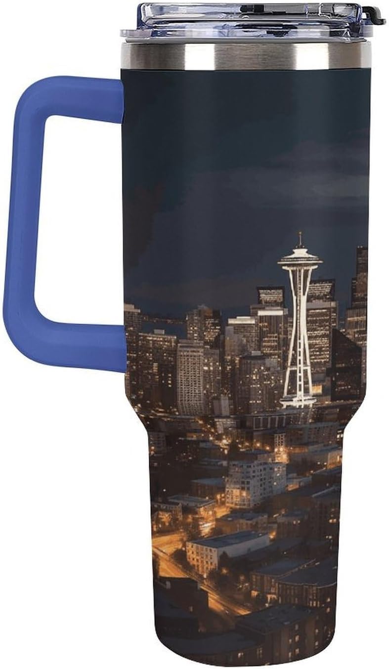 City Seattle Travel Coffee Mug Reusable Durable Stainless Steel Insulated Tumbler with Handle And Straw Leak Resistant Portable Thermal Cup Gifts for Men Women 40 Oz