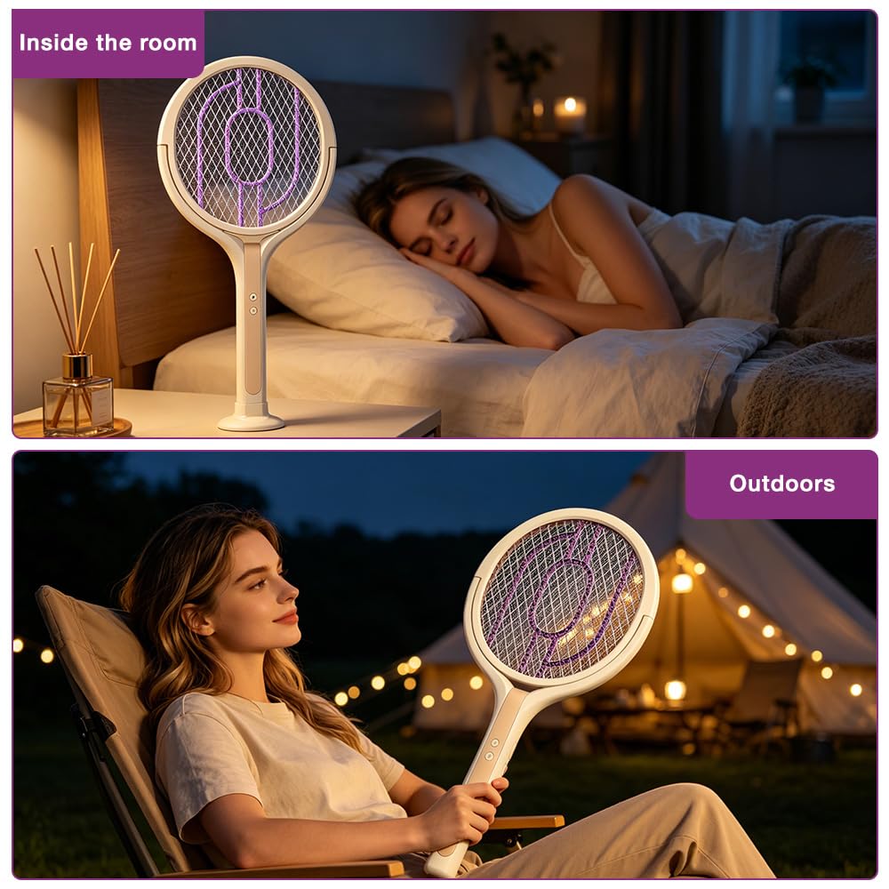 Racchetta Zanzare Elettrica, 3500V Ricaricabile Antizanzare Ammazza, 1200 MAh Antizanzare Elettrico Con Testa Rotante,Base E Estensione Telescopica, Trappola Zanzare Per Interni Ed Esterni