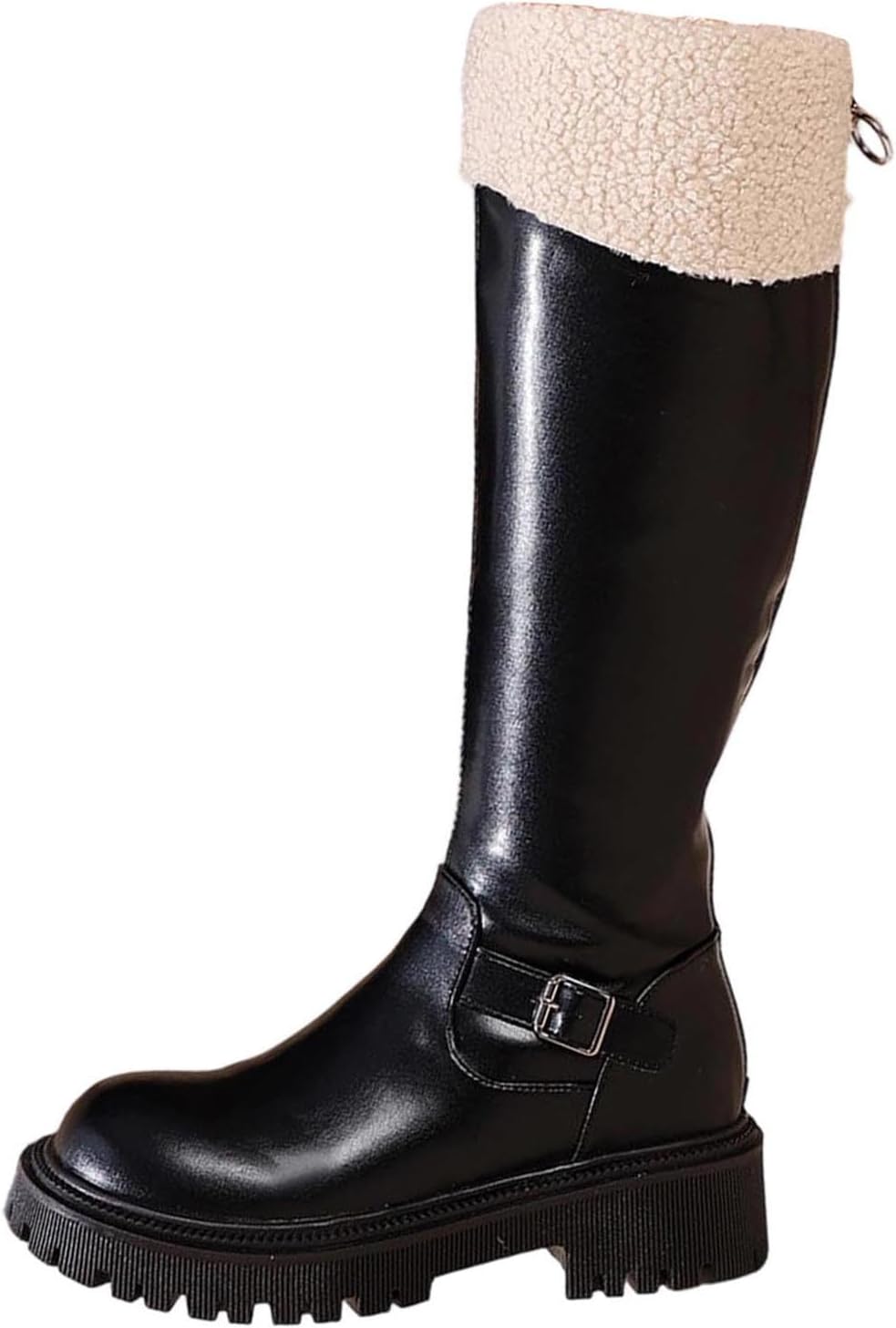 Warm Mid Calf Boot Women Zip Up Fleece Lined Waterproof Leather Boots Buckle Strap Non Slip Low Heel Winter Shoes