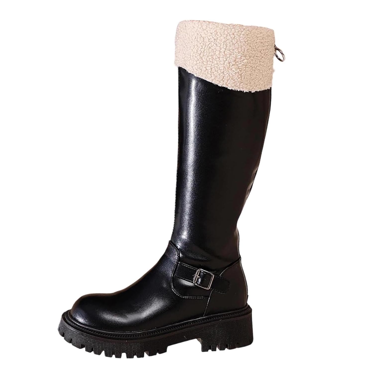 Warm Mid Calf Boot Women Zip Up Fleece Lined Waterproof Leather Boots Buckle Strap Non Slip Low Heel