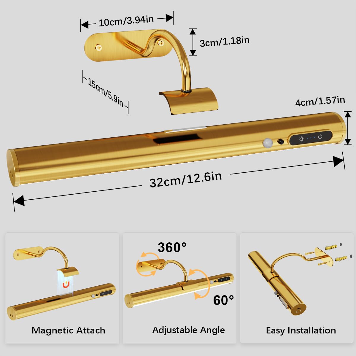 Applique Murale LED Sans Fil avec Détecteur Mouvement, Lampe Rechargeable USB pour Tableaux, Salle de Bain