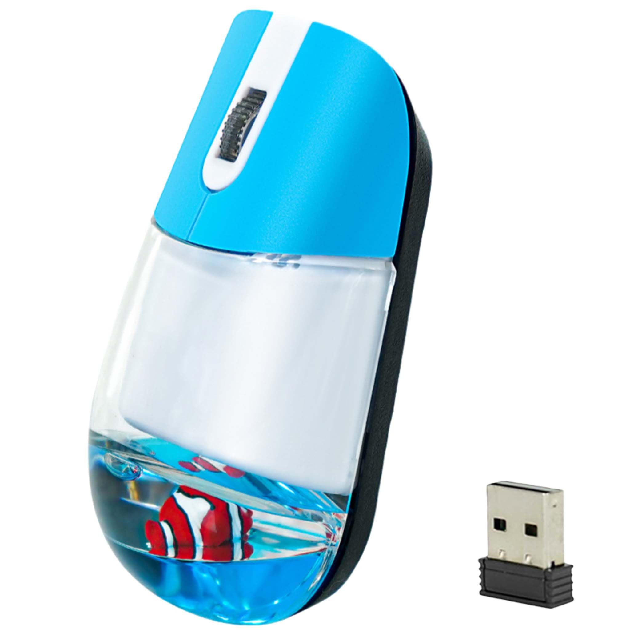 Wireless Mouse Retro Silent Cute Blue Aqua Transparent Aesthetic Portable Lightweight Optical Mouse for PC Laptop MacBook Boys Girls Kids Gift with Liquid Water Section & Floaters Animal (Clownfish) - blue