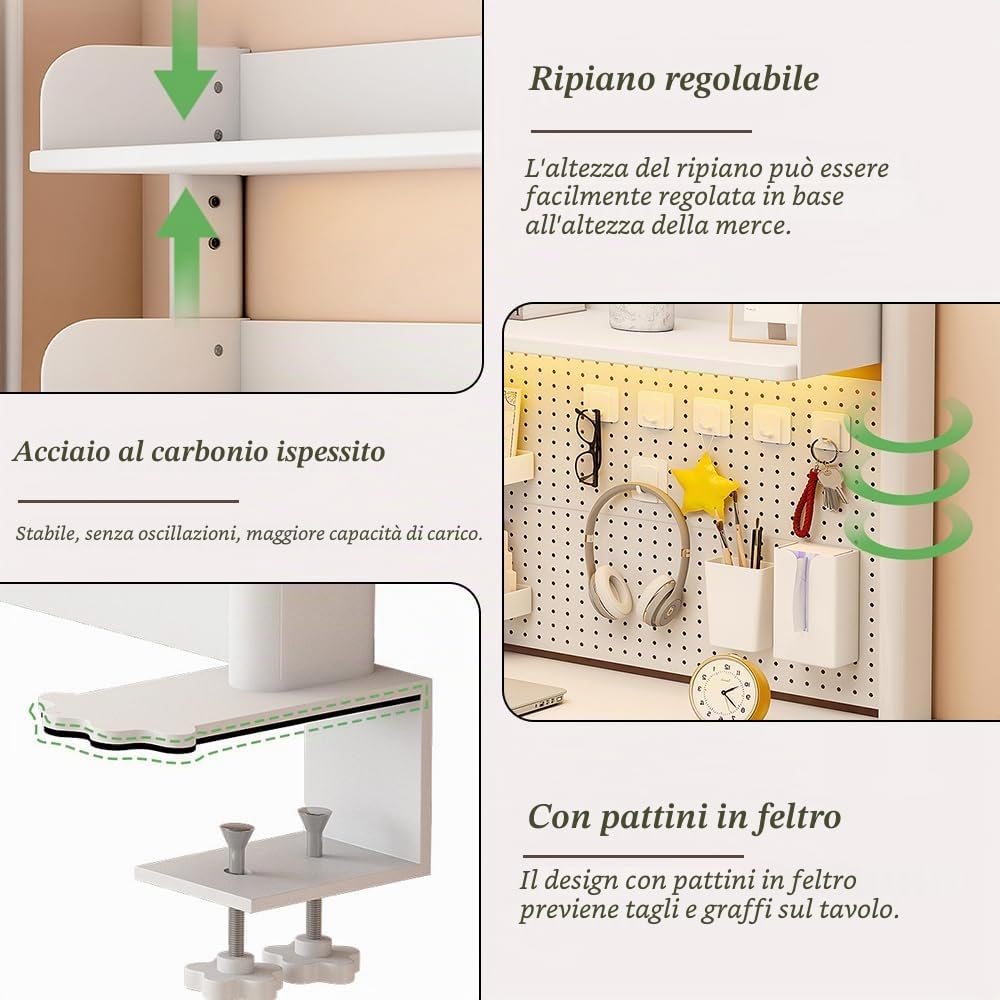 NUODWELL Scaffale organizer da scrivania, con morsetto, regolabile, libreria da tavolo per computer, con ripiani portaoggetti e pannello forato, per la privacy dell'ufficio e scrivania da gioco