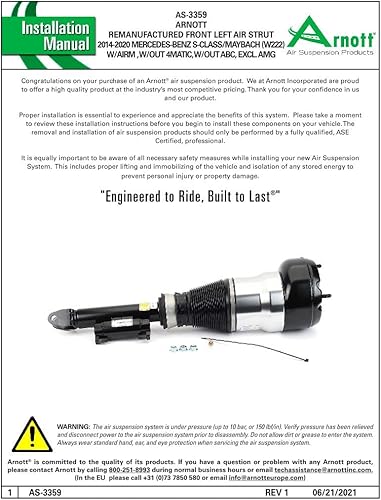 Miniatura 5 de Arnott - Reman Front LT Air Strut- 14-18 MB S-Class/Maybach (W222) (AS-3359)
