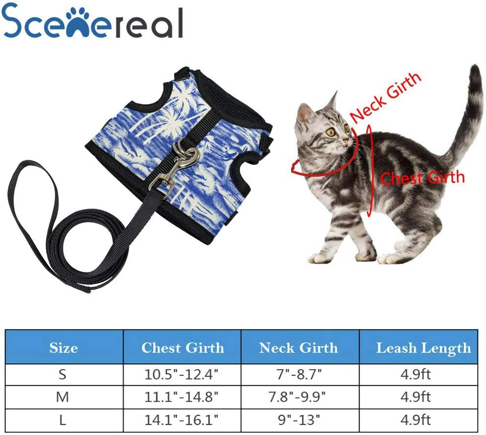 SCENEREAL Escape Proof Cat Harness and Leash - Adjustable Soft Mesh Vest Harness for Rabbits Puppy Kittens Coconut Tree Printing