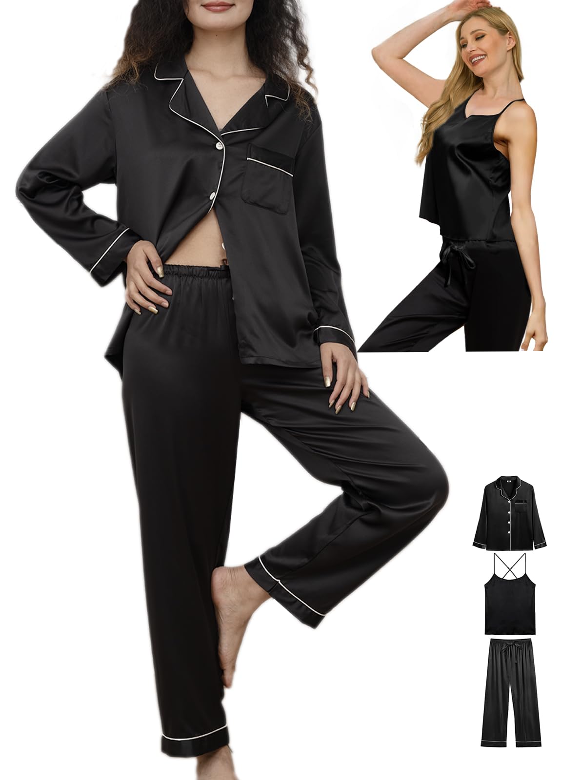 WJing Yi Jia Womens 3Pcs Silk Satin Pajamas Long Set Sexy Cami Top Pajama Sleepwear Silky Pj Sets Loungewear Pjs XS-4XL