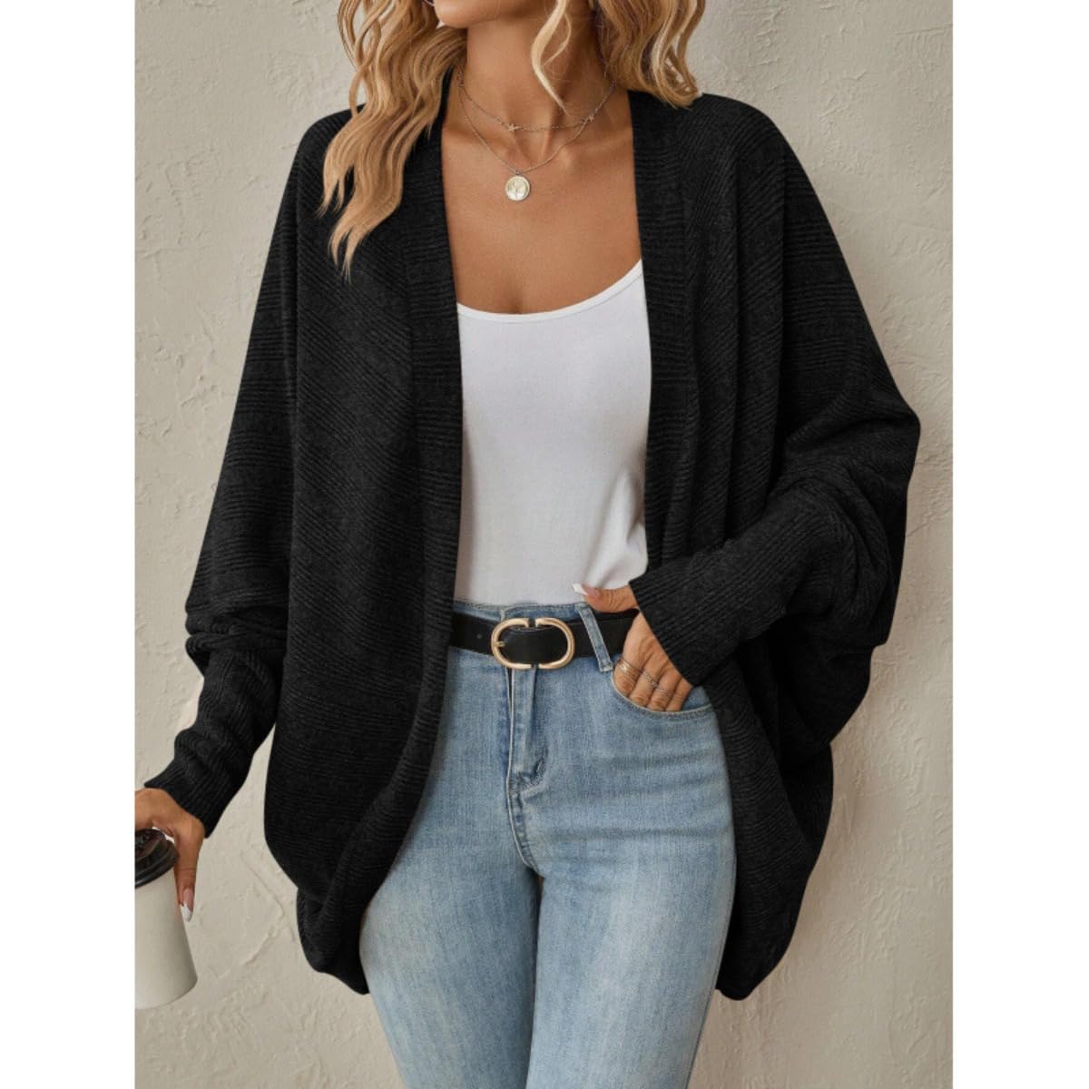 Mid Length Knit Cardigan Solid Color Open Front Autumn Winter Womens Cozy Layer for Work and Daily Wear
