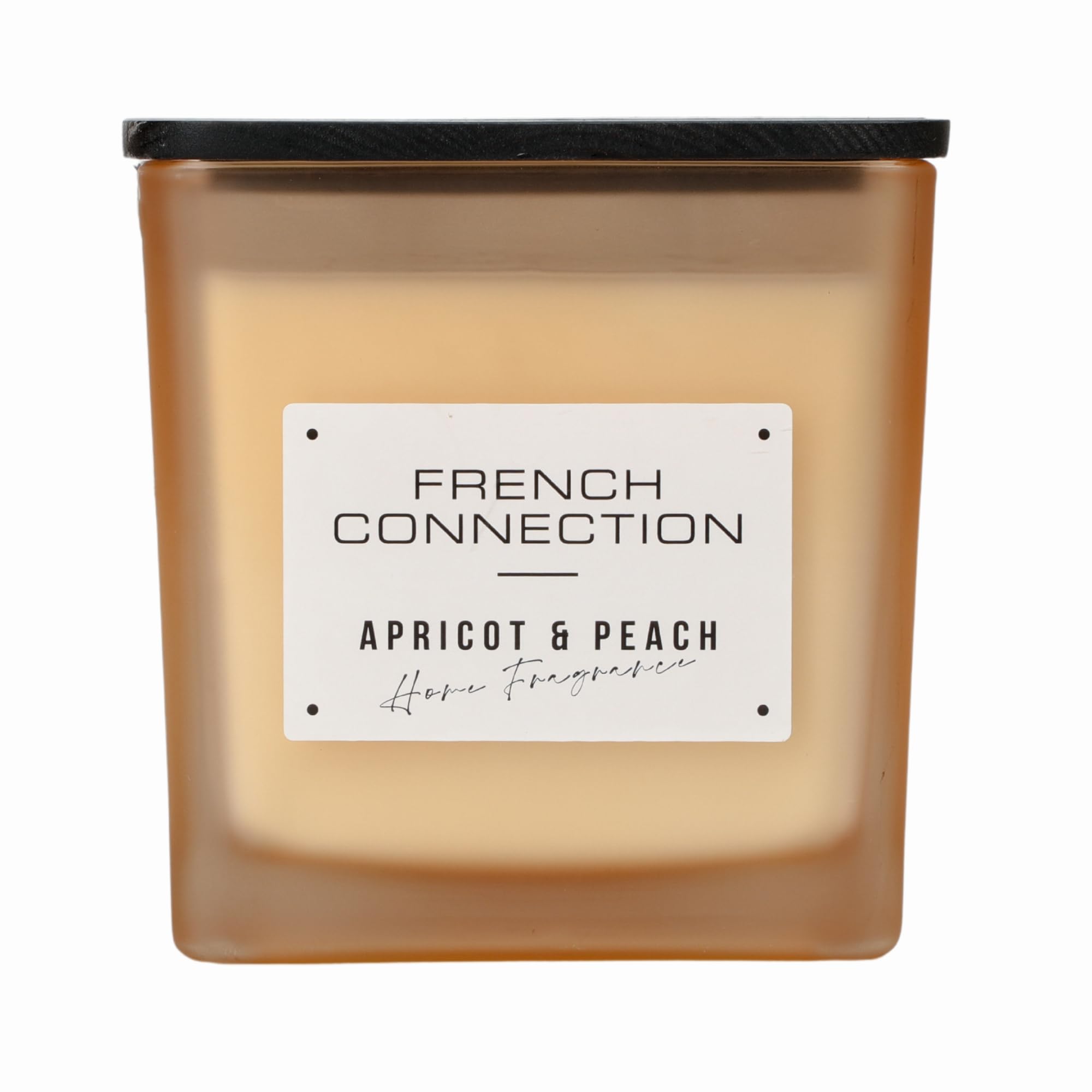 French Connection Scented Candle | Shea Butter Wax | Frosted Orange Glass Jar Wooden Lid | Square Shape | (XL, Apricot Glow (Apricot & Peach) Scent