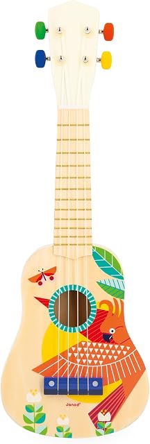 Janod - Gioia Ukulele- Instrument de musique - Jouet de développement en bois coloré - Apprentissage - Découverte sonore pour les enfants et les jeunes enfants - à partir 3 Années + - Multilingue - J07652