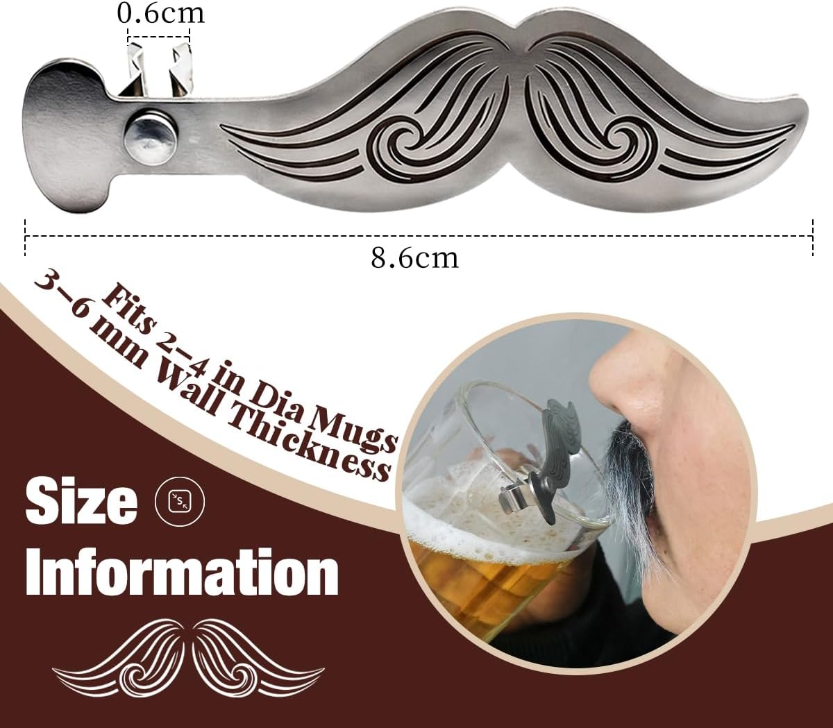 Honcloud 2pcs Mustache Guard Clip 316 Stainless Steel Non-Slip Non-Fading Drink Protector for Coffee Mugs Beer & Wine Glasses