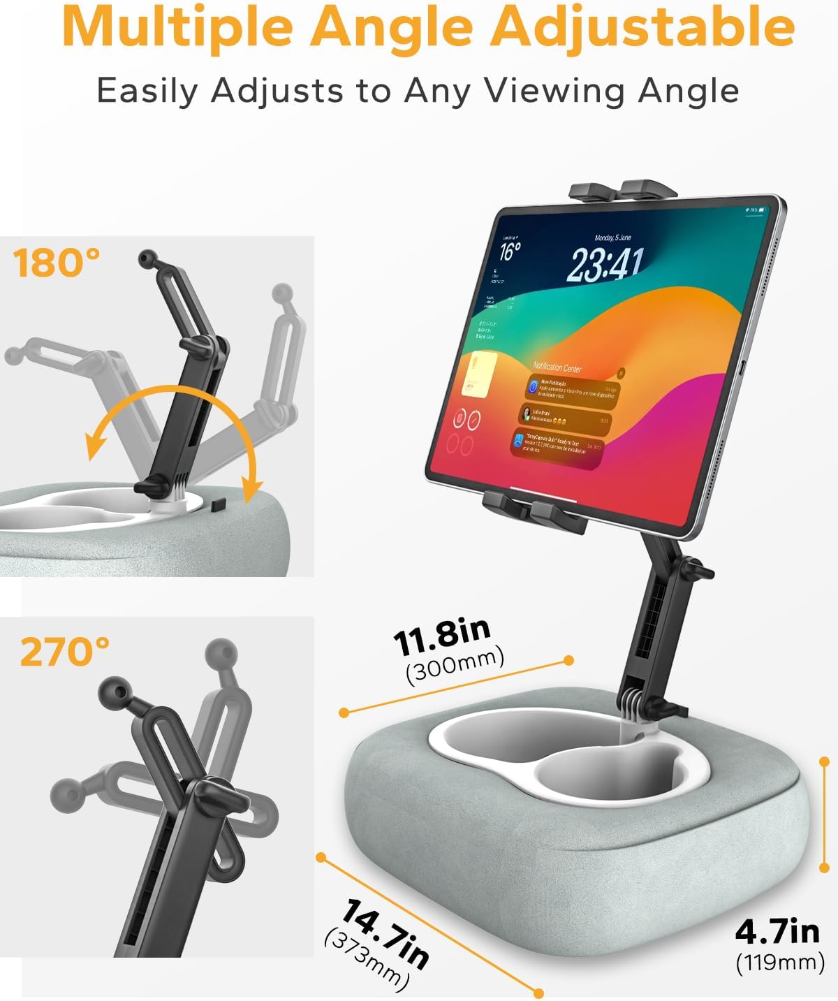 Tablet Pillow Stand, iPad Pillow Holder Compatible with 4.7"-13" Phone/Tablet, Kindle, Samsung, 360° Adjustable Tablet Holder for Bed, Lap, Sofa, with Soft Plush Fabric and Detachable Bowl, Gray