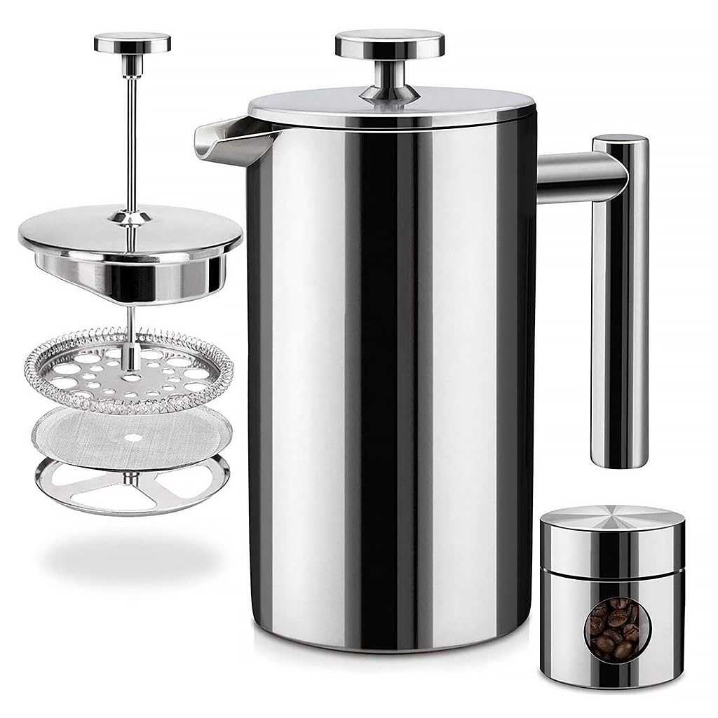 Supvox® French Press Coffee Maker 600ML with Coffee Power Jar Double Insulated 304 Stainless Steel Coffee Maker with 4 Level Premium Filtration System Tea Pot Coffee Pot Rust-Free, Dishwasher Safe-image-49