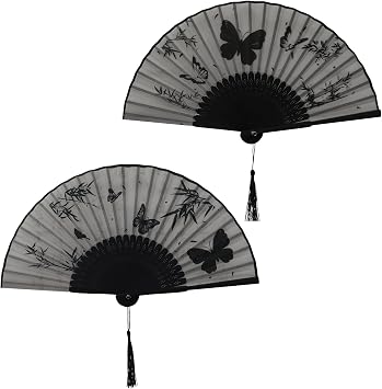 2Pcs Handheld Fan Foldable Folding Hand Fans for Women Dancing Party Cosplay Wedding, Black Frame, Butterfly Pattern