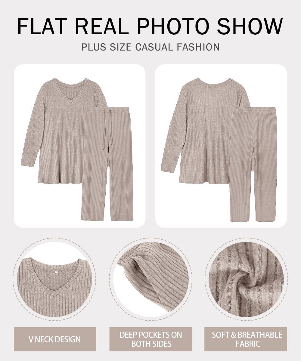RITERA Womens Plus Size 2 Piece Outfits Lounge Sets Knit Sweatsuit Long Sleeve Pullover Tops Wide Leg Pant Pajama Sets XL-5XL - Image 5