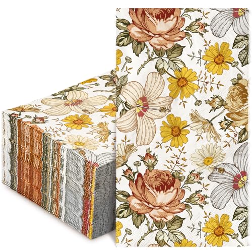 AnyDesign 100 Pack Vintage Floral Guest Napkins Disposable Boho Flower Paper Napkins Red Retro Peony Daisy Wildflower Dinner Hand Napkin for Wedding Birthday Party Supplies, 15.7 x 13 Inch
