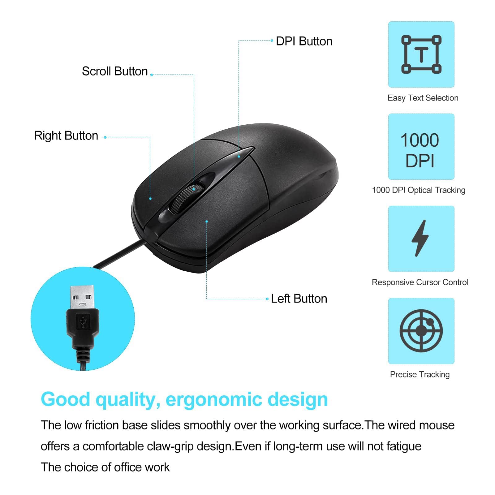 40 ratones negros con cable USB de 1000 DPI con cable de 3 botones con cable para oficina en casa, silencioso, simple, USB para computadora, laptop, PC de escritorio (negro 40)