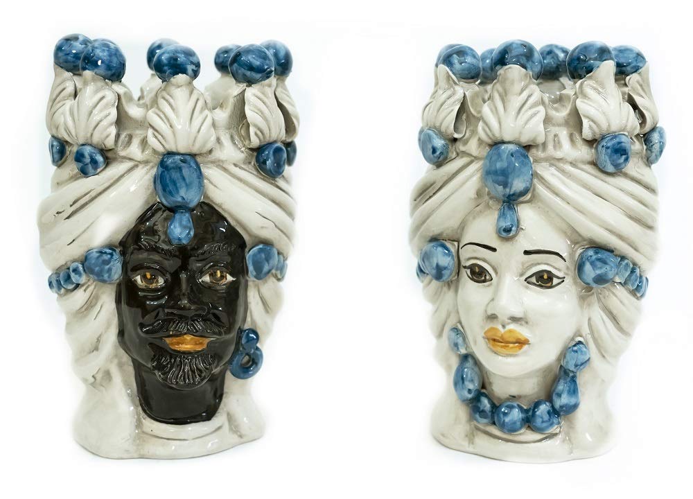 Generico Coppia teste di moro Caltagirone blu in ceramica siciliana vaso grande H 20 cm