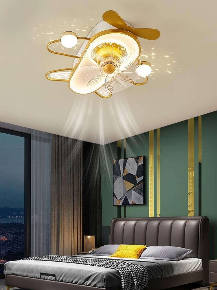 LED Nordic Golden Airplane Fan Ceiling Light Mute Ceiling Fan Dimmable with Remote Control Ceiling Lamp Modern Fan Chandelier 360° Rotating Fan Light for Boys Girls Bedroom Kids Room