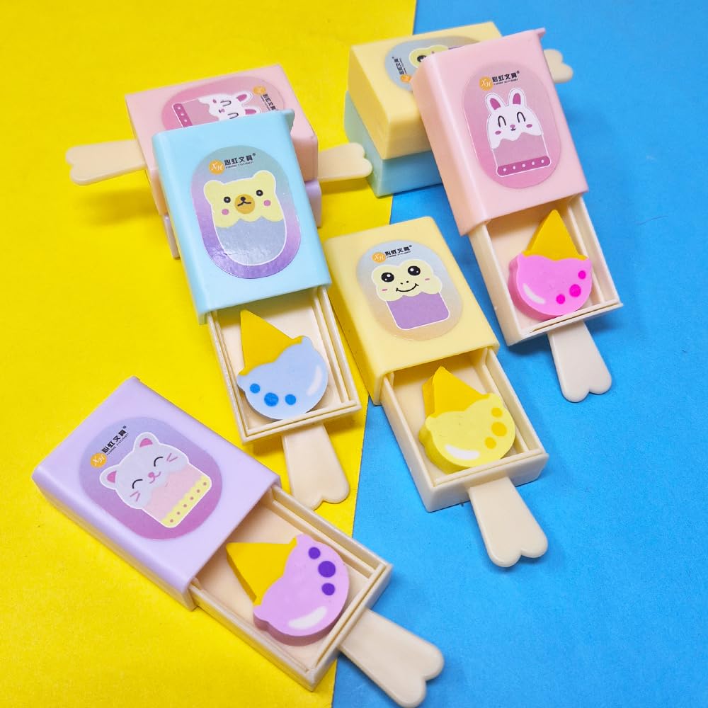PARTEET Magic Box Pencil Eraser | Popsicle Shaped Ice Cream Drawer| Softy Shape Eraser |Birthday Return Gifts for Kids (Assorted Color) (Pack of 1) - Image 2 thumbnail
