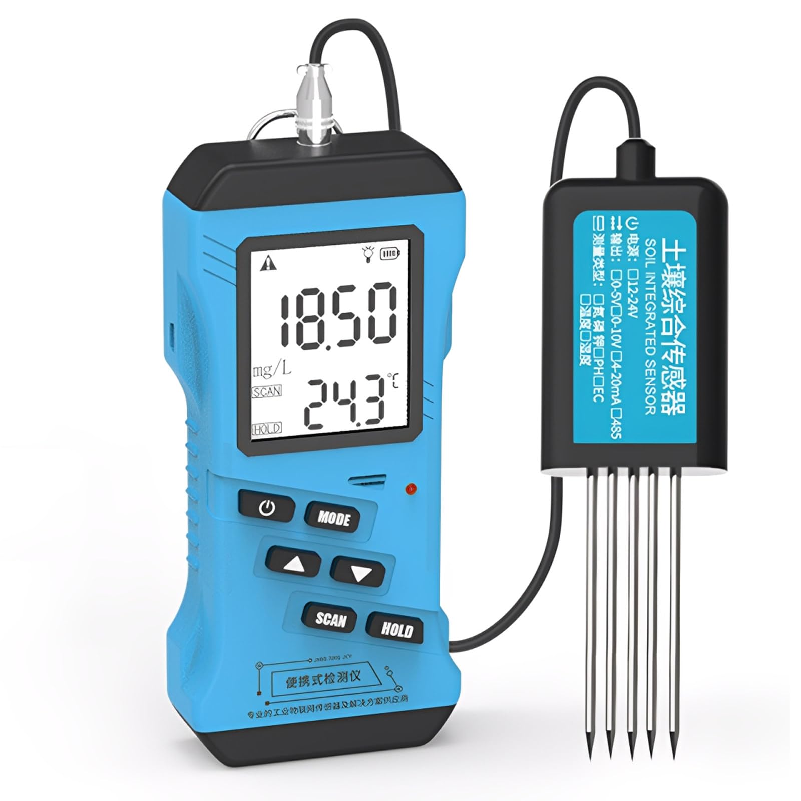 Tester per suolo 5 in 1, misura pH, umidità, EC, nutrienti, temperatura con display a LED per analisi di giardini e fattorie