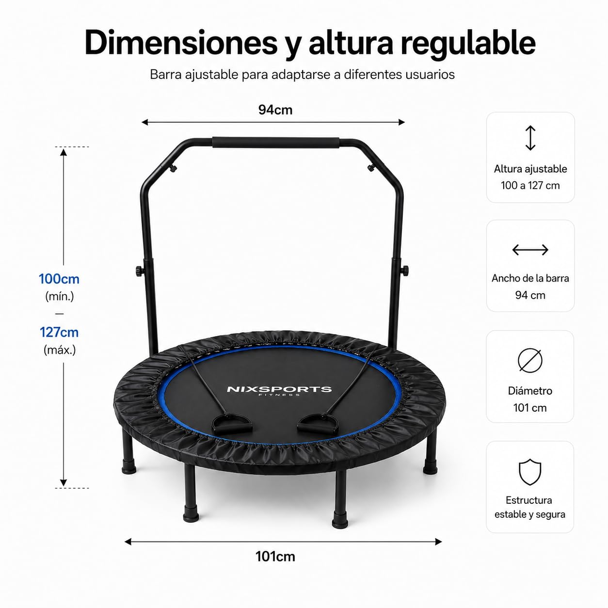 Trampolín Fitness 3 en 1 con Barra Ajustable y Bandas de Resistencia – Cuerdas elásticas silenciosas, Superficie Antideslizante, Entrenamiento Cardio y Fuerza para casa