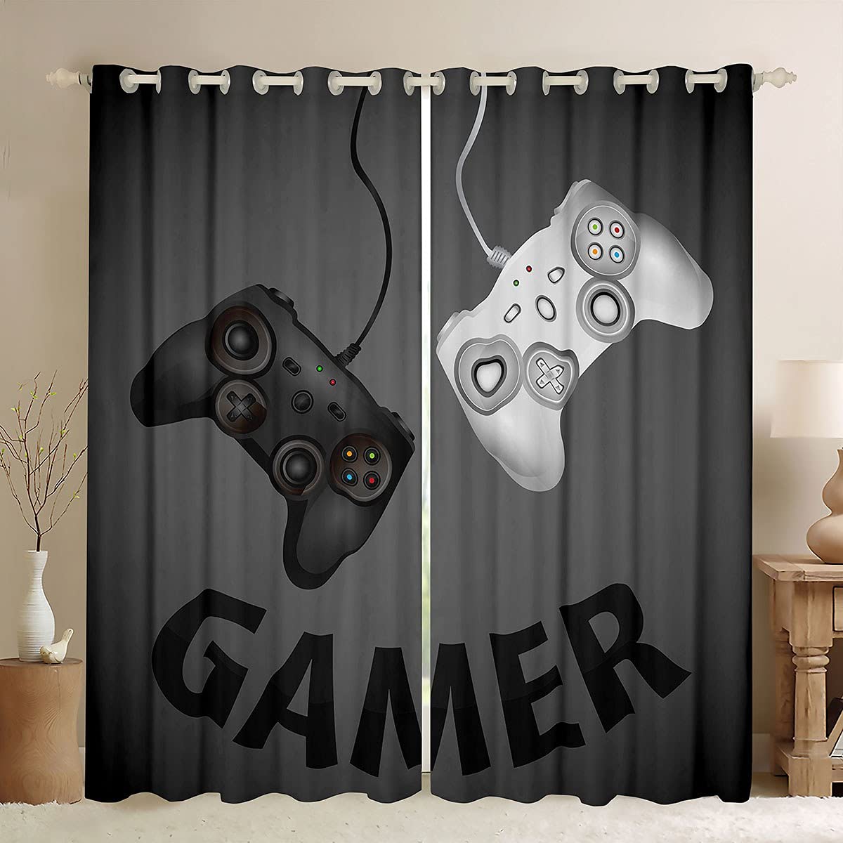 Boys Video Game Curtain Gamepad Theme Window Treatments for Kids Cartoon Controller Window Novelty Modern Graffiti Style Black Decor W66*L90 โ image 1