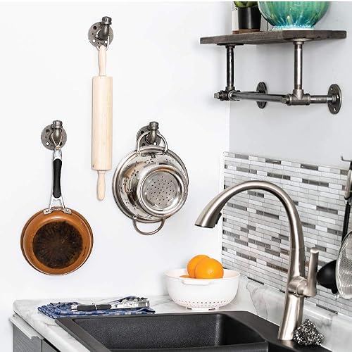 Miniatura 2 de PIPE DECOR Ganchos industriales resistentes montados en la pared, estilo rústico de hierro para bricolaje, acero gris negro para entrada, bridas de