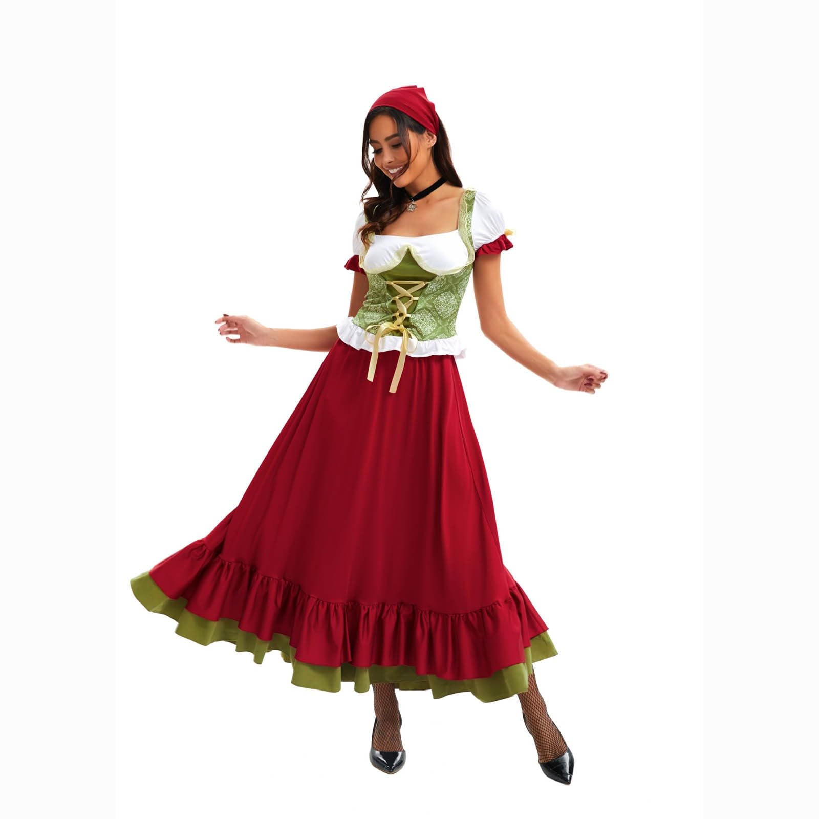 Dirndl Rot Damen Lang Dirndl Kleid Kurzarm Dirndlbluse,Schleife,Haarreif,Gürtel 5 Teilig Dirndl-Komplettsets Trachten Trachtenrock Trachtenkleid Festliches Wiesn Outfit Für Oktoberfest Karneval