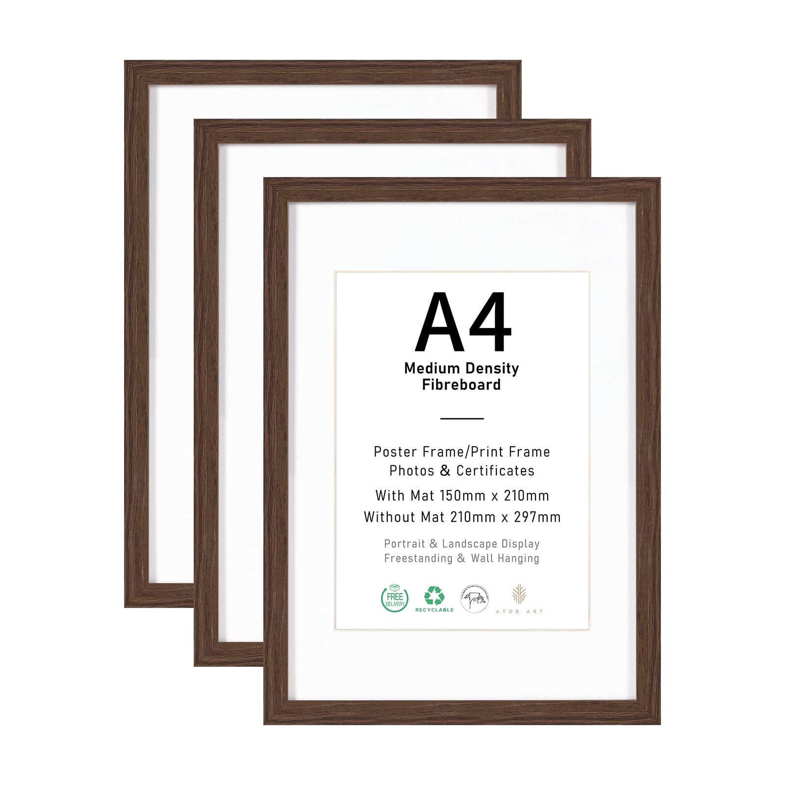 A4 Picture Frame Set of 3, Display 15x21cm with Mat Images, Brown Natural Wood Photo Frames for Wall Mounting or Table Top Display โ image 1