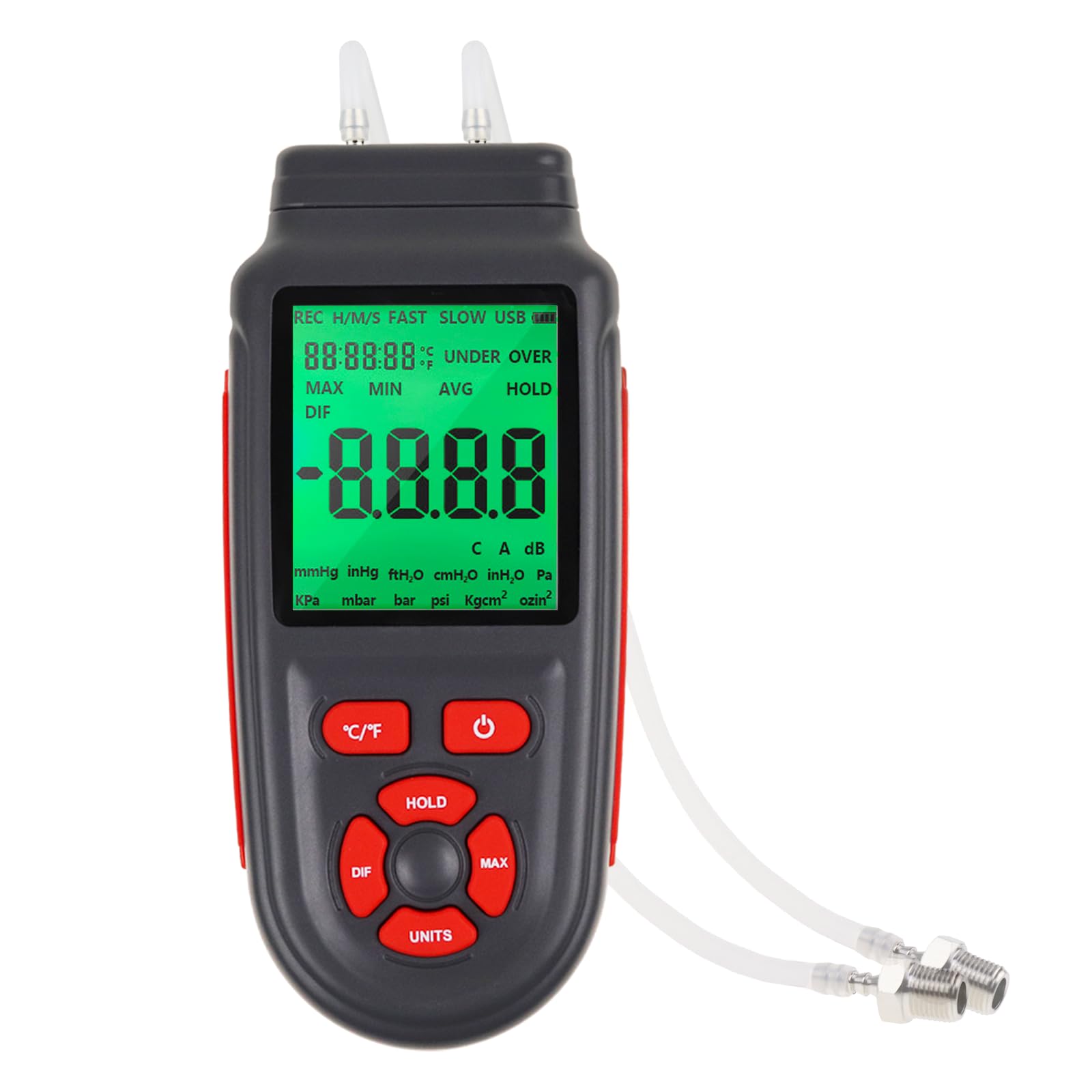 LandtekManometer Dual Differential Digital Gas Pressure Tester Large LCD Display with Backlight 12 Selectable Units Air Pressure Gauge Handheld HVAC Manometer with Data Storage Functio