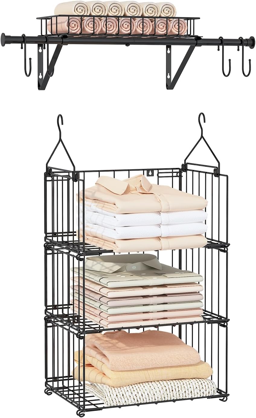 BUKFEN 3 Tier Hanging Closet Organizer, Wall Mounted Wire Storage Shelf with 4 Hooks, Foldable Stackable Organizer for Laundry Room, Bedroom, Bathroom, 1 Pack