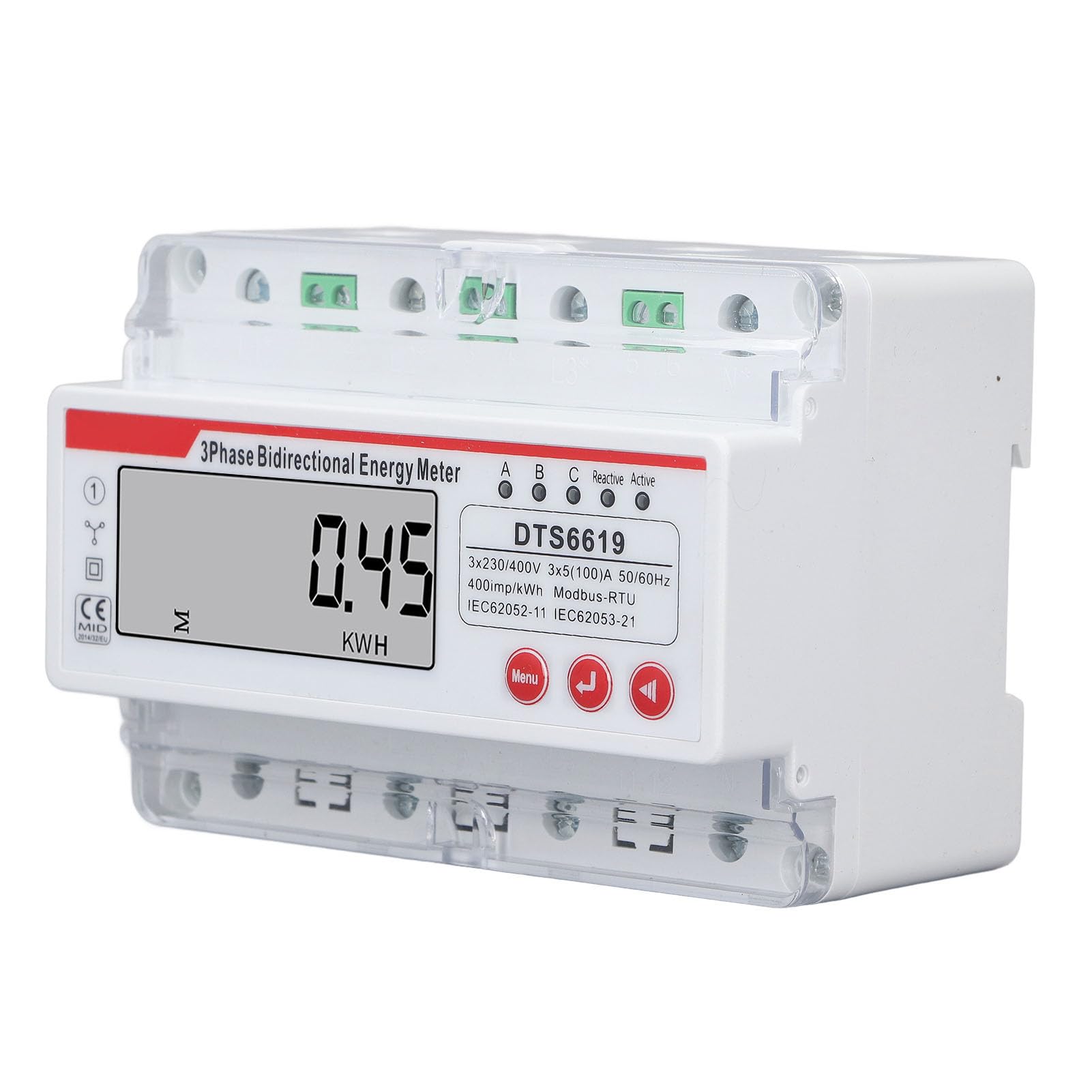 3 Phase 4 Draht -Energie -Messgerät - Digitales Elektrometer, DIN -Schienenhalterung - LCD -Display, multifunktional, bidirektional - 3 x 230 400 V - Stromüberwachung -