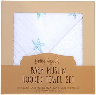 Petite Piccolo Juego de 2 Toallas con Capucha para bebé de 90 x 90 cm y paño de Lavado de 30 x 30 cm, 100% algodón, diseño de Estrella de mar, Suave y Absorbente, Color Blanco