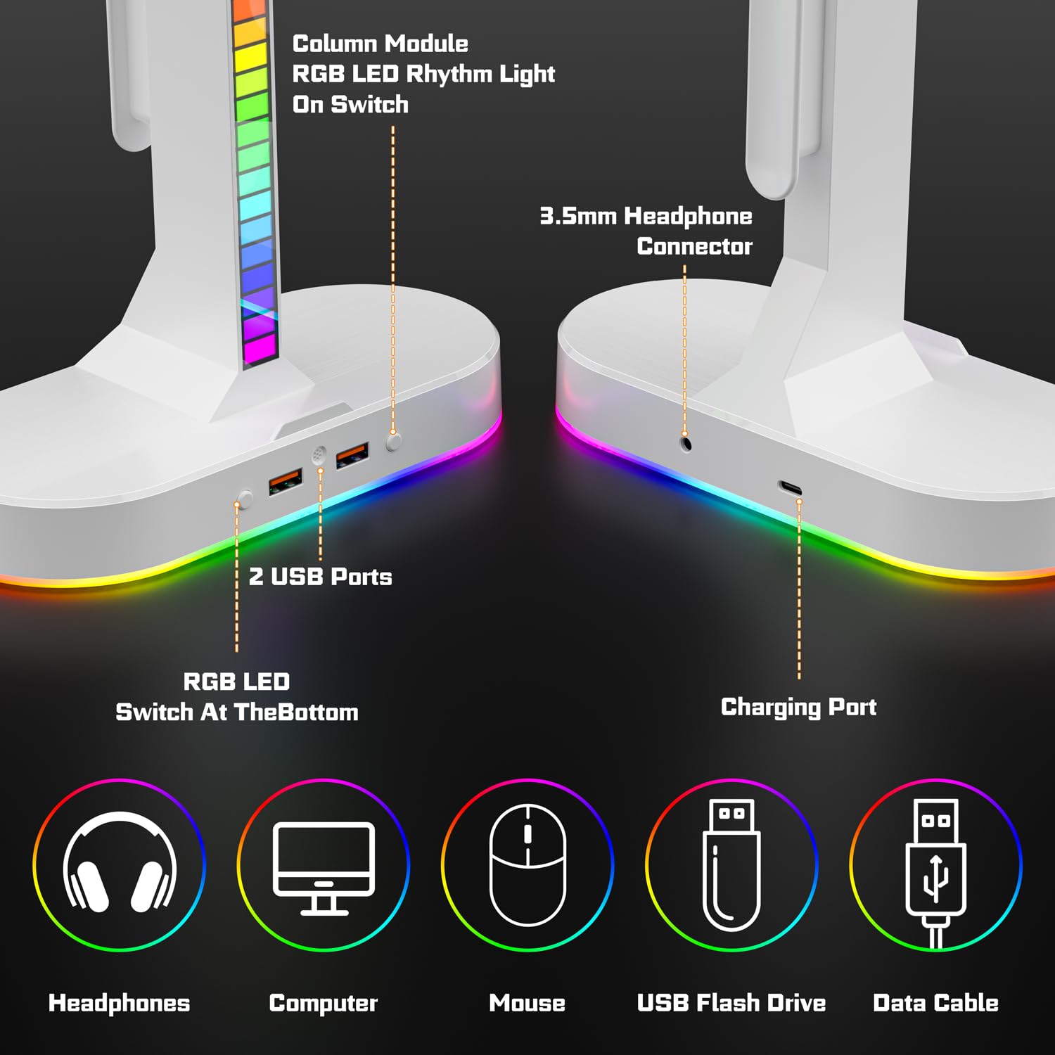 ALACOO Cool RGB - Soporte para auriculares con estación de carga, elegante soporte doble para auriculares, 3 puertos USB y audio de 3.5 mm, 8 modos de luz, el mejor regalo de juego para hombres