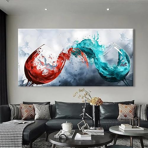 GOSRD Abstract Blue And Red Collision Wine Glass Canvas Wall Art Modern Cup Posters For Kitchen & Dining Room Decoration(60X120cm /Frameless)